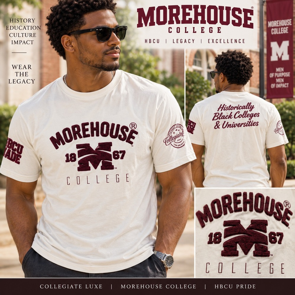 Morehouse College HBCU Collegiate Luxe Men S White Chenille Applique Graphic Tee